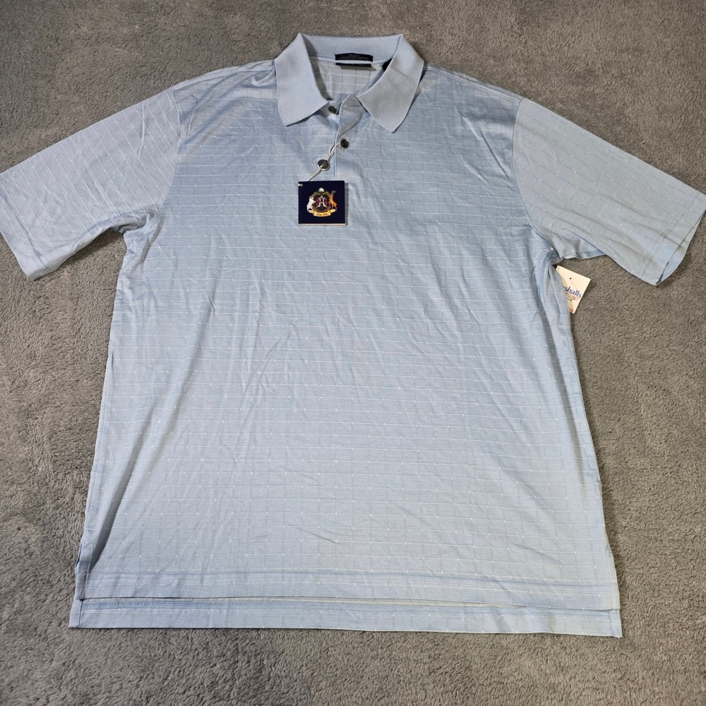 Allen Solly Mens L Polo Shirt Light Blue Double Mercerized Cotton Windowpane NWT